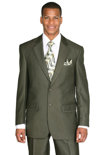 Mens 2 Button Diagonal Shiny Sharkskin Suit in Olive Green