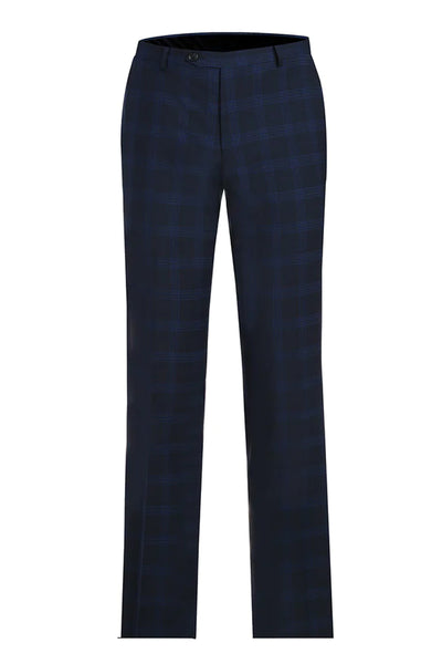 Mens Slim Fit Two Button Stretch Suit in Dark Navy Windowpane Plaid