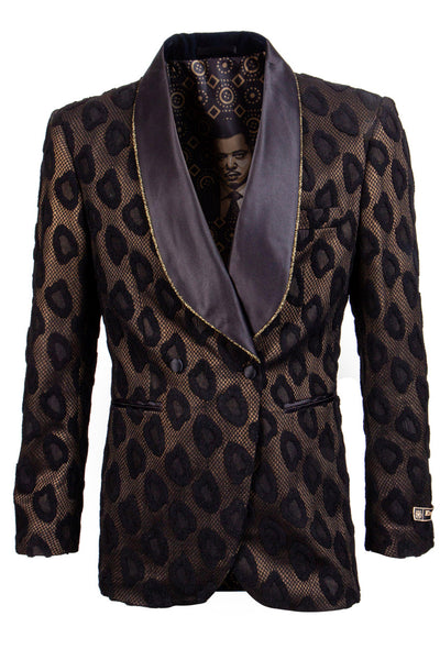 Men's Double Breasted Cheetah Print Tuxedo Dinner Smoking Jacket in Black & Gold