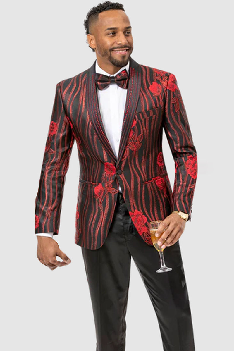 Mens Modern Floral & Wave Pattern Prom Tuxedo in Black & Red