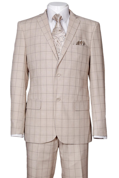 Mens 2 Button Modern Fit Windowpane Plaid Suit in Tan