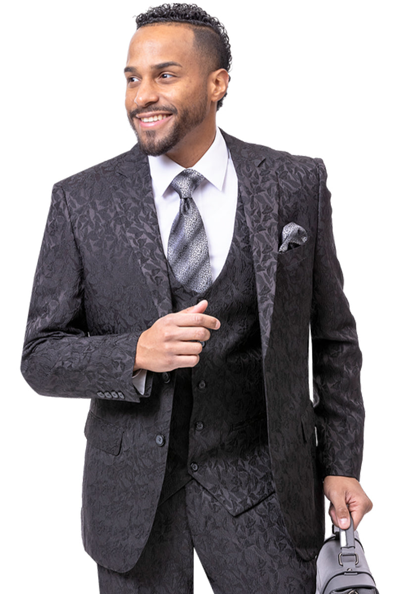 Mens Two Button Vested Paisley Fashion Suit in Black