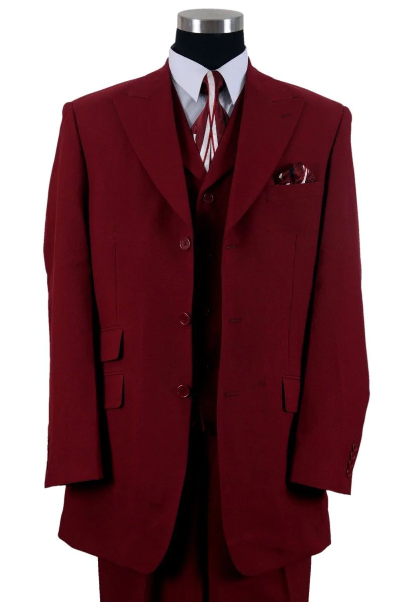 Mens 3 Button Vested Wide Peak Lapel Fashion Suit in Burgundy