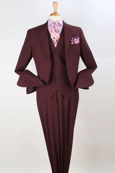 Mens Three Button Classic Fit Vested Suit in Burgundy