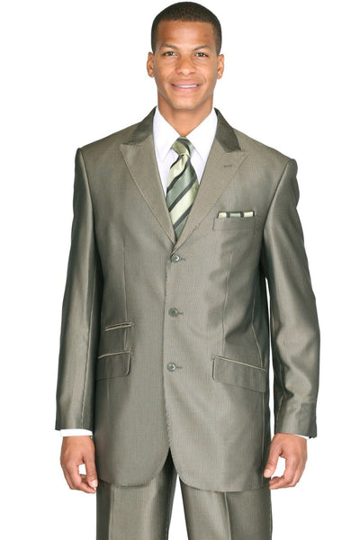 Mens 3 Button Peak Lapel Shiny Sharkskin Micro Pinstripe Suit in Olive Green