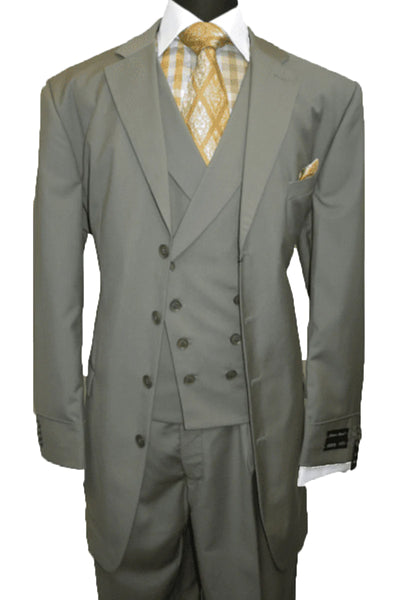 Mens 4 Button Fashion Suit with Double Breasted Vest in Olive Green