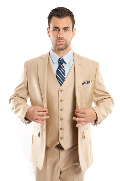 Men's Two Button Vested Textured Sharkskin Business Suit in Light Beige