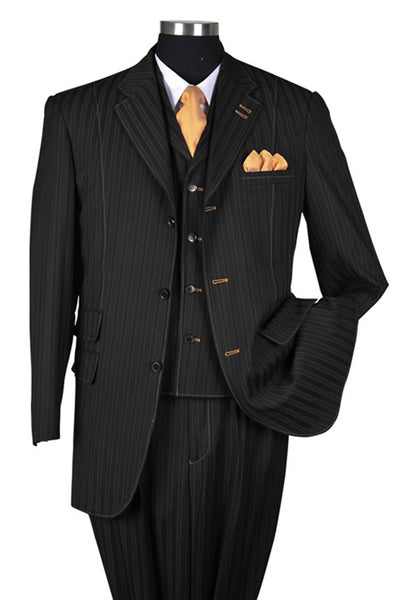 Mens 3 Button Vested Tonal Pinstripe Fashion Suit in Black