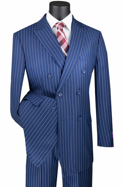 Mens Double Breasted Gangster Bold Pinstripe Suit in Indigo Blue