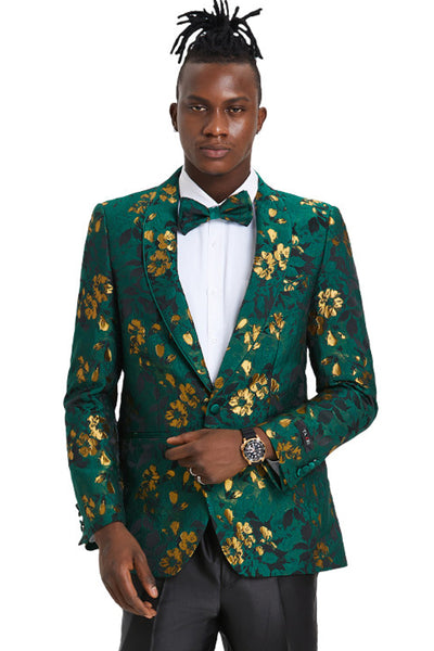 Men's Slim Fit Paisley Foil Print Prom & Wedding Dinner Jacket Blazer in Hunter Green & Gold