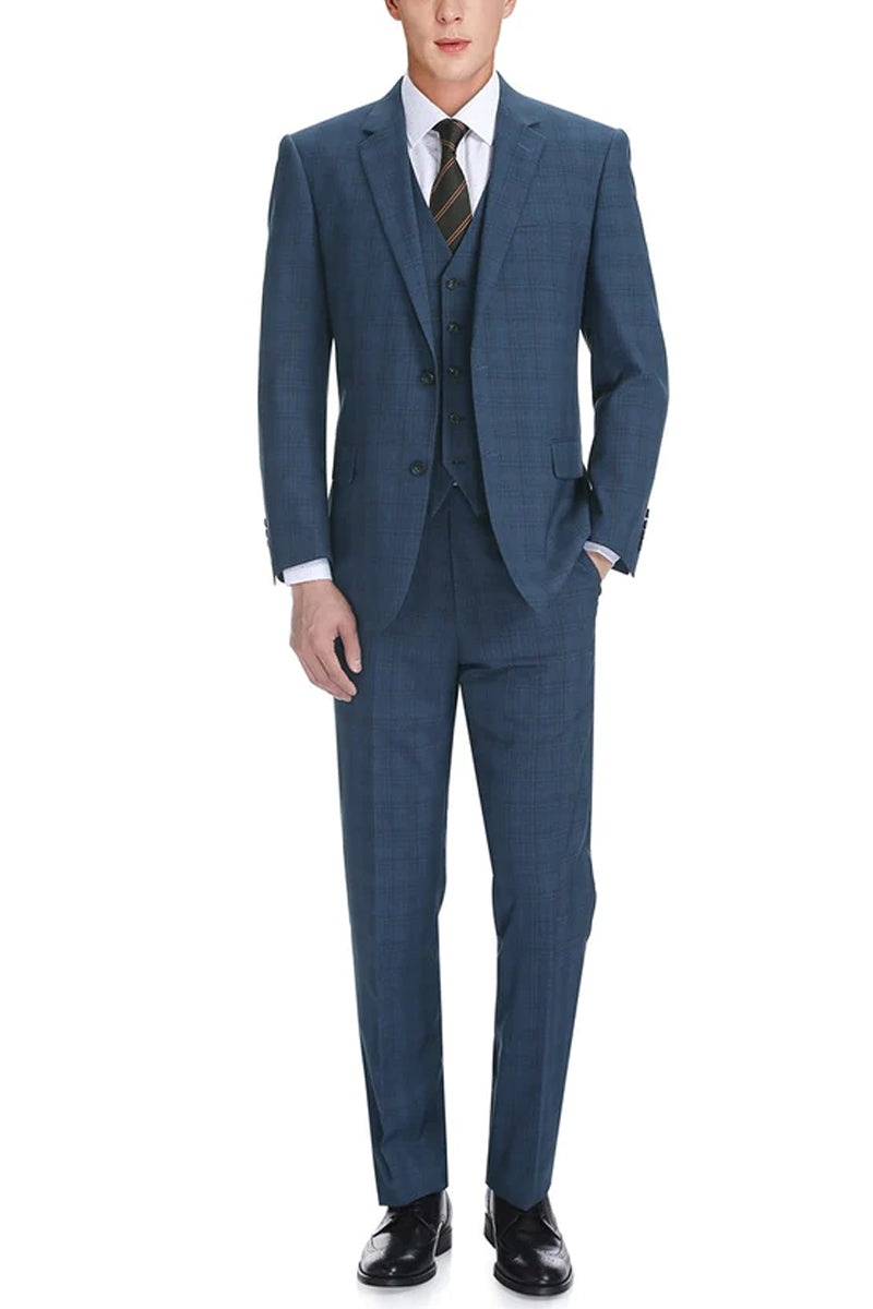 Mens Two Button Classic Fit Vested Suit in Navy Blue Windowpane Plaid