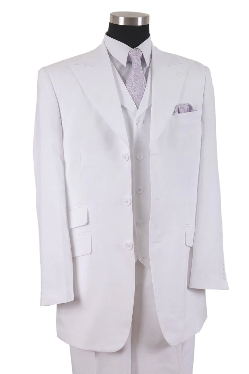 Mens 3 Button Vested Wide Peak Lapel Fashion Suit in White