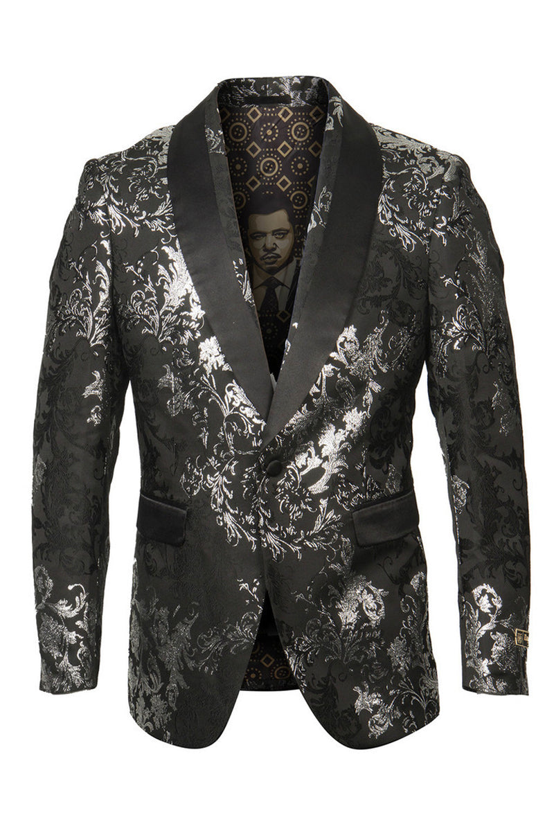 Men's Shawl Collar Wedding Tuxedo Blazer in Black with Silver Foil Paisley