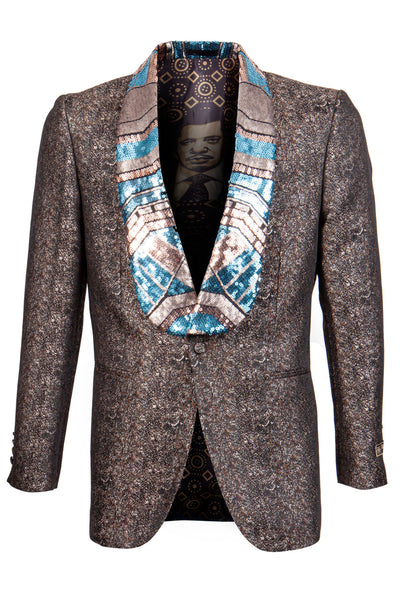Men's Shiny Metallic Print Tuxedo Jacket with Egyptian Design Sequin Lapel in Brown