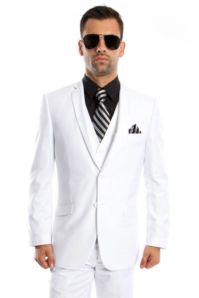 Men's Two Button Slim Fit Basic Vested Wedding Suit in White