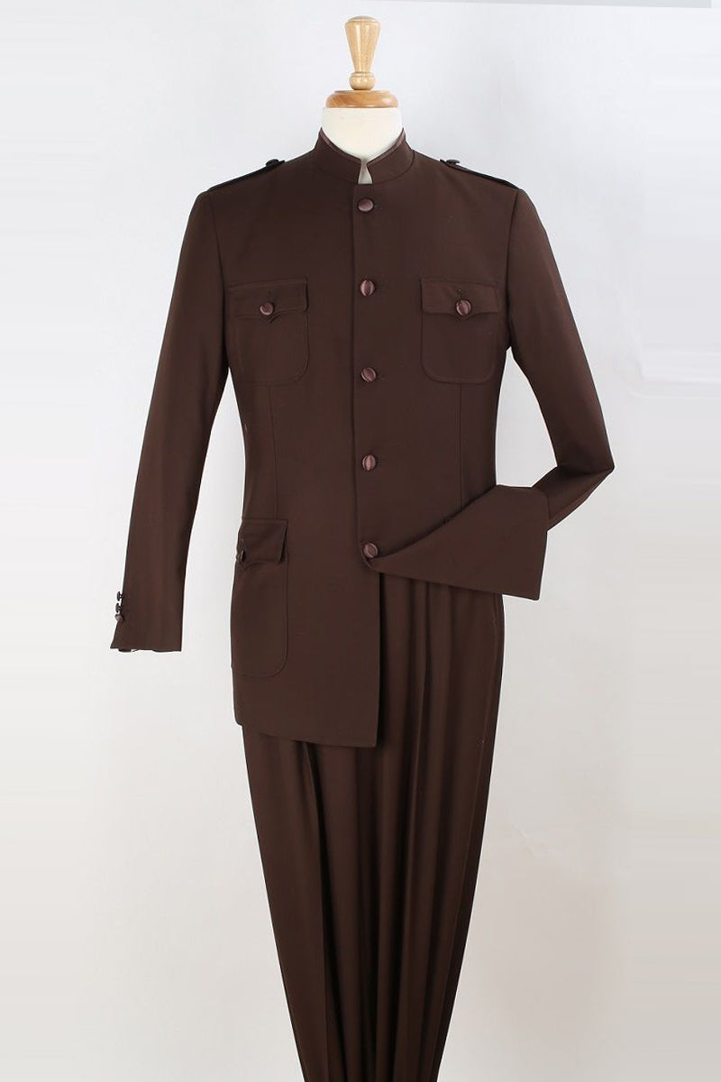 Mens Five Button Military Insired Mandarin Banded Safari Suit In Brown 