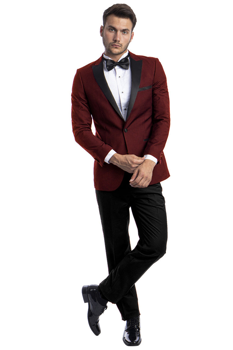 Men's Slim Fit One Button Peak Lapel Wedding Tuxedo in Burgundy