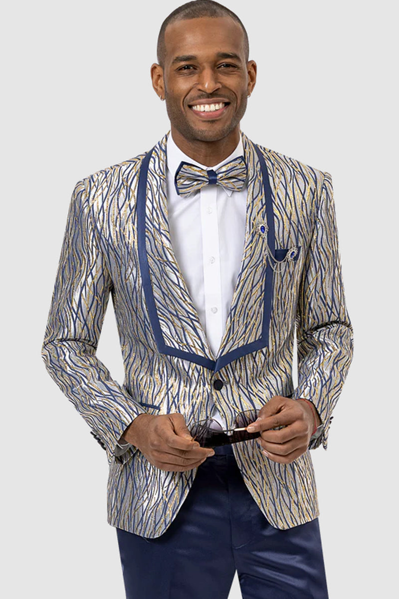 Mens Modern Square Shawl Prom Tuxedo Dinner Jacket in Blue & Gold Wave ...