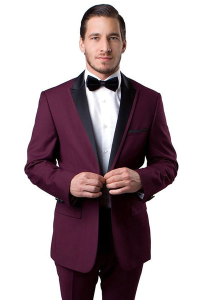 Men's Slim Fit One Button Satin Trim Peak Lapel Prom & Wedding Tuxedo in Burgundy