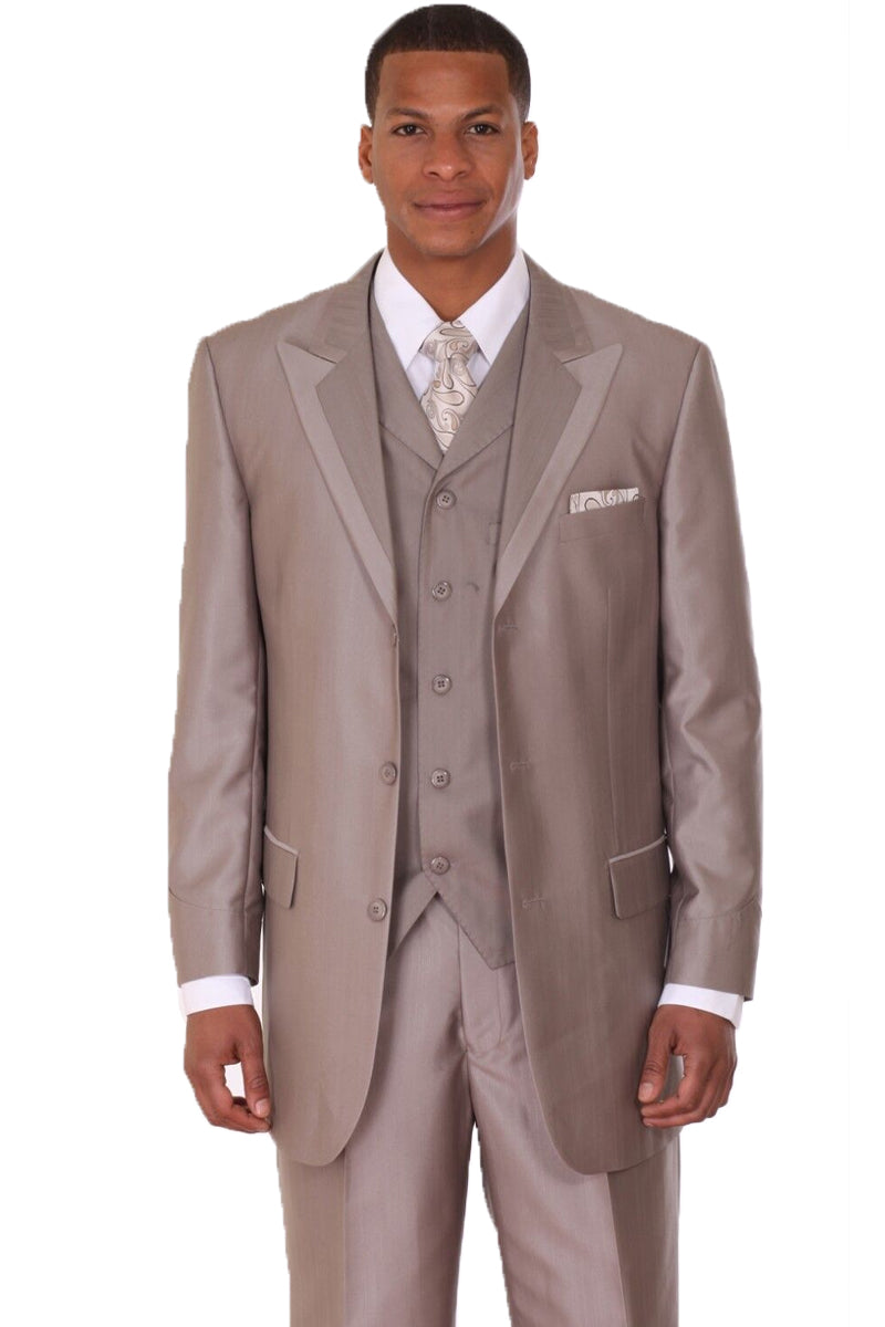 Mens 3 Button Vested Wide Peak Lapel Two Tone Sharkskin Suit in Tan