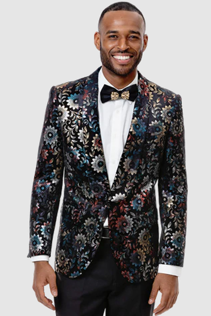 Mens One Button Shawl Floral Embelished Shawl Tuxedo Blazer 