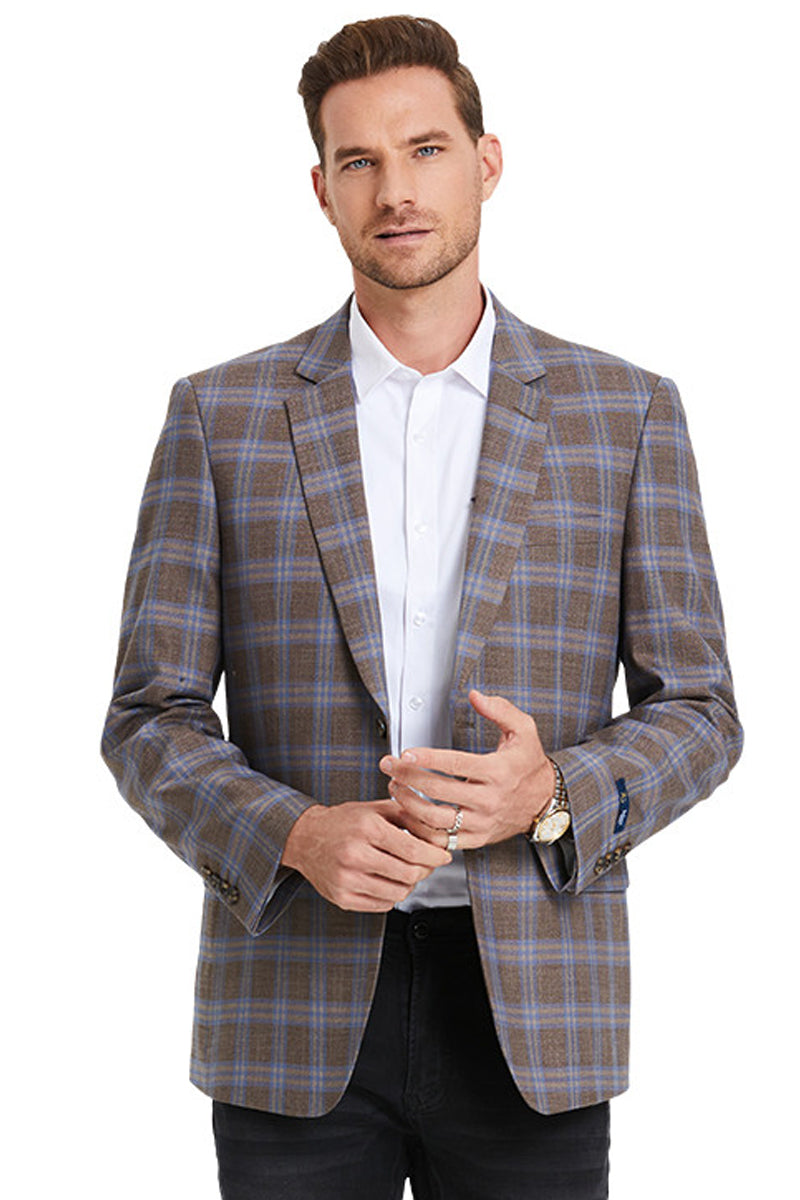 Men's Two Button Business Casual Double Windowpane Sport Coat in Dark Camel Bronze