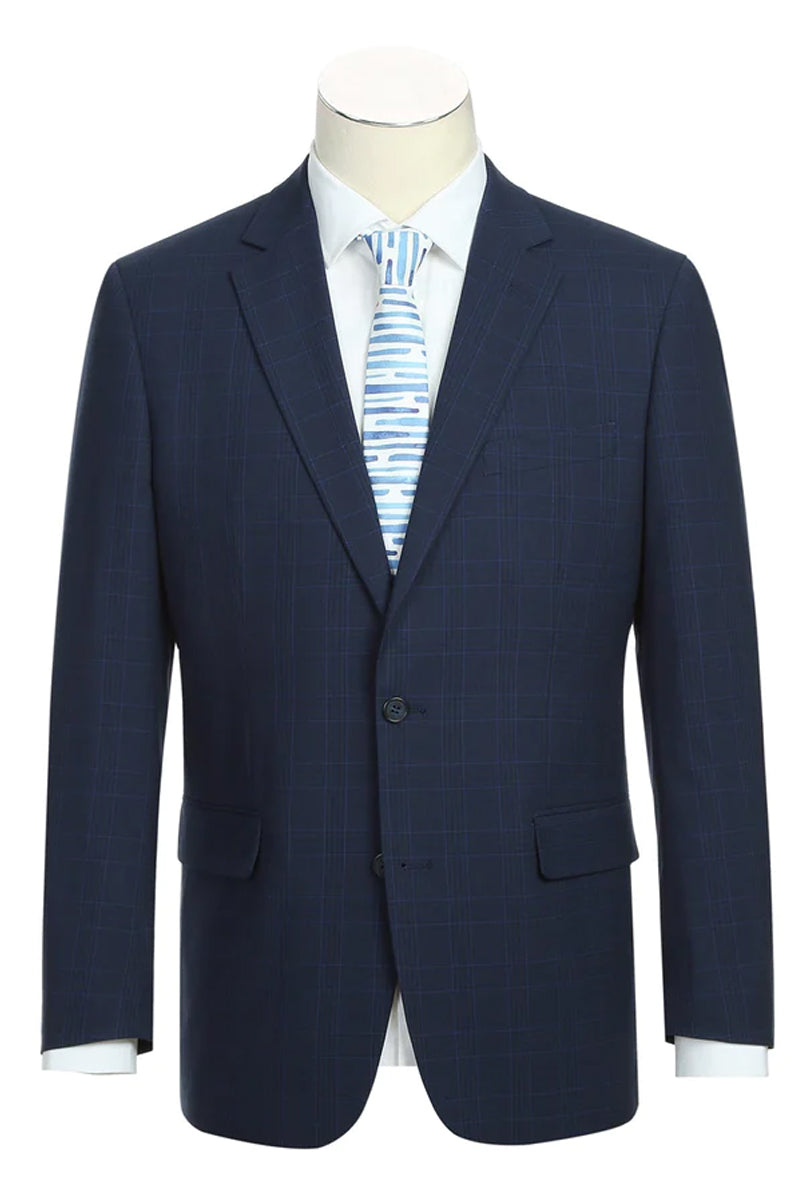 Mens Classic Fit Two Button Suit in Dark Blue Windowpane Plaid Check ...