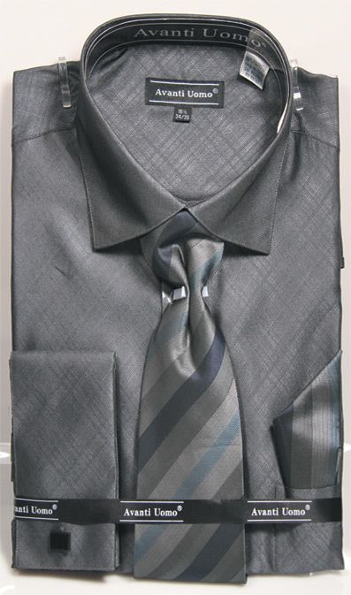 Men's weave Pattern French Cuff Dress Shirt, Tie & Hanky Set in Black