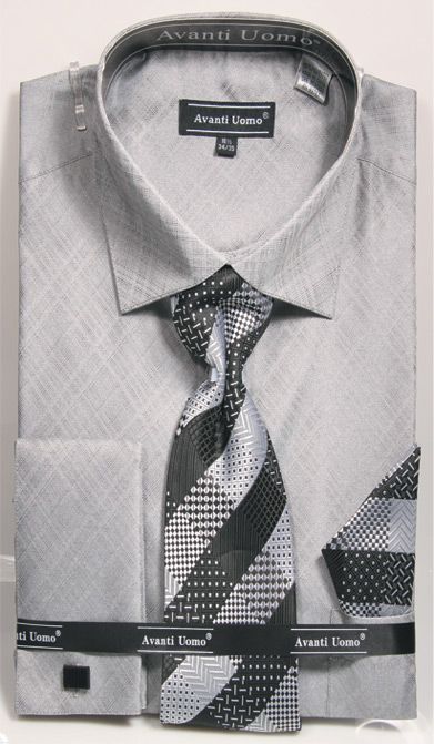 Men's weave Pattern French Cuff Dress Shirt, Tie & Hanky Set in Grey