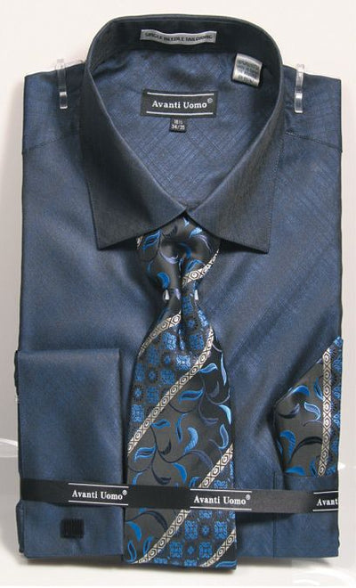 Men's weave Pattern French Cuff Dress Shirt, Tie & Hanky Set in Navy