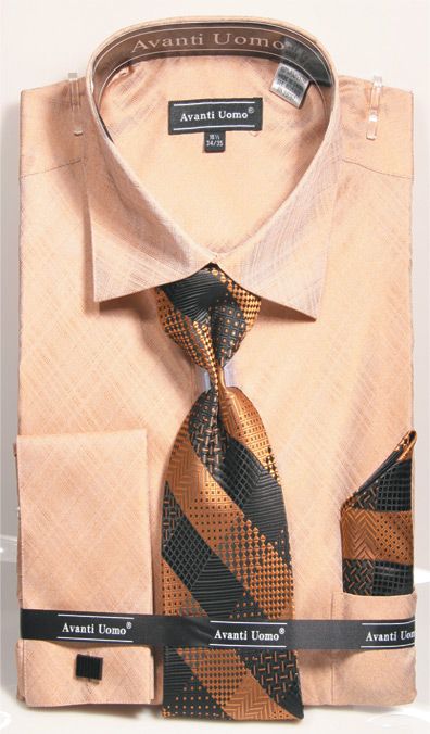 Men's weave Pattern French Cuff Dress Shirt, Tie & Hanky Set in Tan
