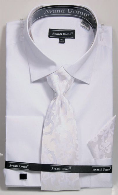 Men's weave Pattern French Cuff Dress Shirt, Tie & Hanky Set in White