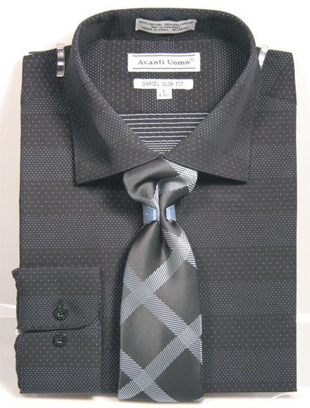 Men's Spread Collar Mini Dot Dress Shirt & Tie Set in Black