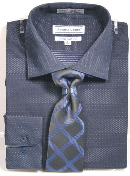 Men's Spread Collar Mini Dot Dress Shirt & Tie Set in Navy