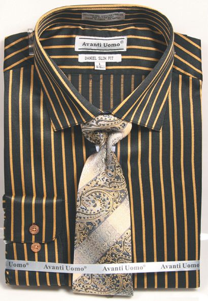 Men's Slim Fit Spread Collar Dress Shirt & Tie Set in Bold Black & Gold Ganster Pinstripe