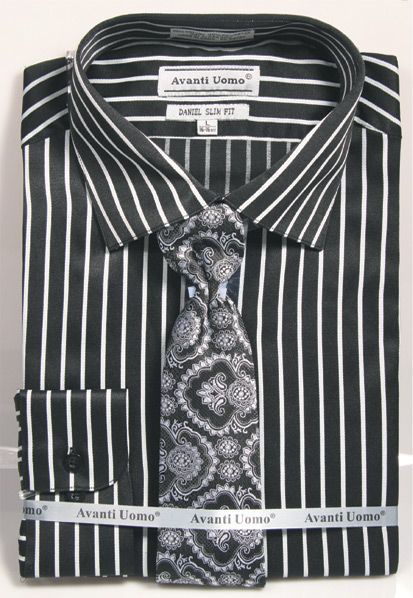 Men's Slim Fit Spread Collar Dress Shirt & Tie Set in Bold Black & Silver Ganster Pinstripe