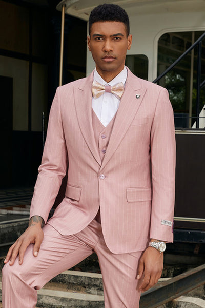 Men's Stacy Adam's One Button Vested Modern Suit in Rose Pink Pinstripe