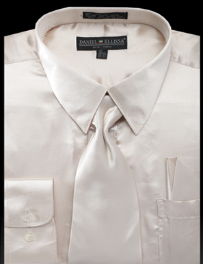 Men's Regular Fit Shiny Satin Dress Shirt, Tie & Pocket Square Set in Beige