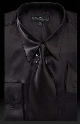 Men's Regular Fit Shiny Satin Dress Shirt, Tie & Pocket Square Set in Black