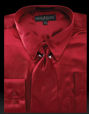 Men's Regular Fit Shiny Satin Dress Shirt, Tie & Pocket Square Set in Burgundy