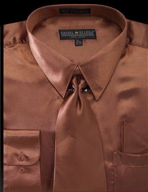 Men's Regular Fit Shiny Satin Dress Shirt, Tie & Pocket Square Set in Copper