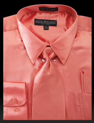 Men's Regular Fit Shiny Satin Dress Shirt, Tie & Pocket Square Set in Corral
