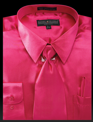 Men's Regular Fit Shiny Satin Dress Shirt, Tie & Pocket Square Set in Fuchsia Pink