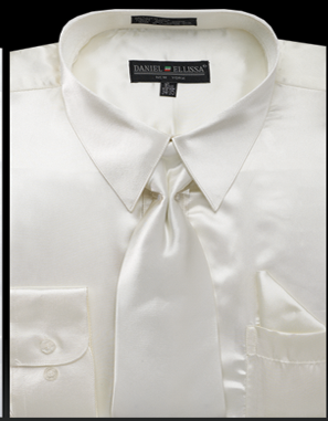 Men's Regular Fit Shiny Satin Dress Shirt, Tie & Pocket Square Set in Ivory