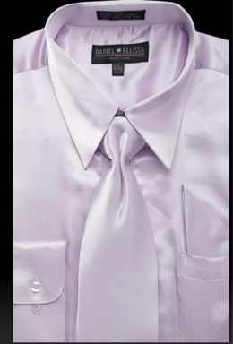 Men's Regular Fit Shiny Satin Dress Shirt, Tie & Pocket Square Set in Lilac Lavender