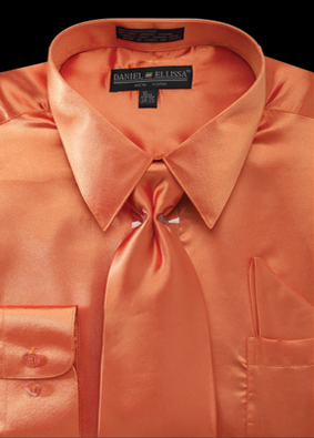 Men's Regular Fit Shiny Satin Dress Shirt, Tie & Pocket Square Set in Orange