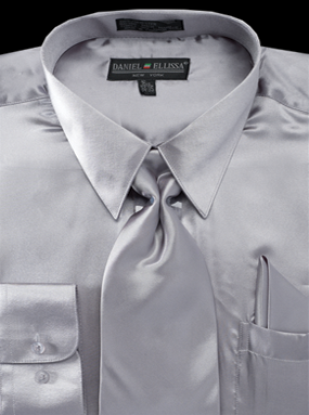 Men's Regular Fit Shiny Satin Dress Shirt, Tie & Pocket Square Set in Grey