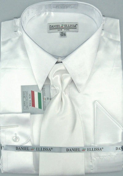 Men's Regular Fit Shiny Satin Dress Shirt, Tie & Pocket Square Set in White