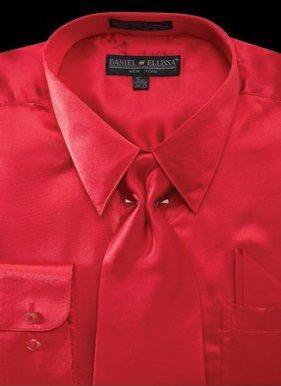 Men's Regular Fit Shiny Satin Dress Shirt, Tie & Pocket Square Set in Red