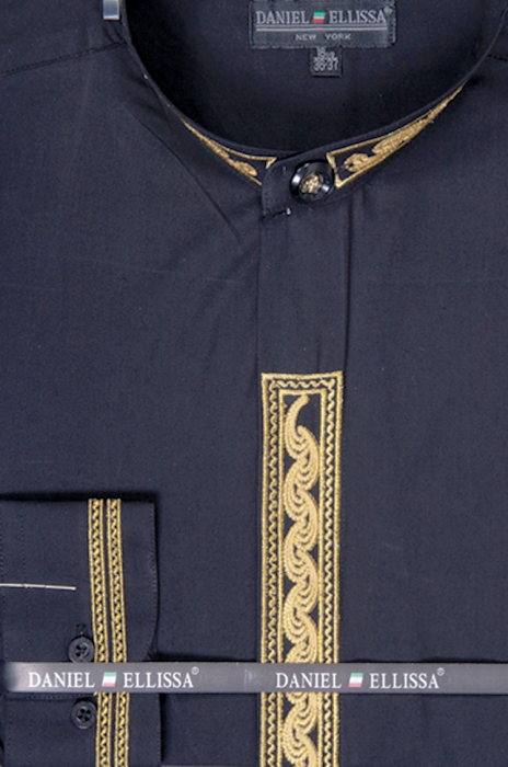 Men's Regular Fit Banded Collar Dress Shirt in Black with Gold Wave Embroidery